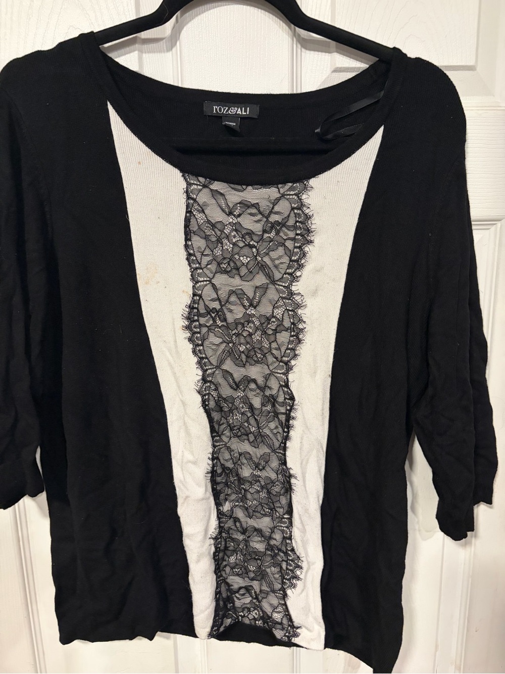 Roz & Ali Black and White Lace-Front Scoop Neck Sweater